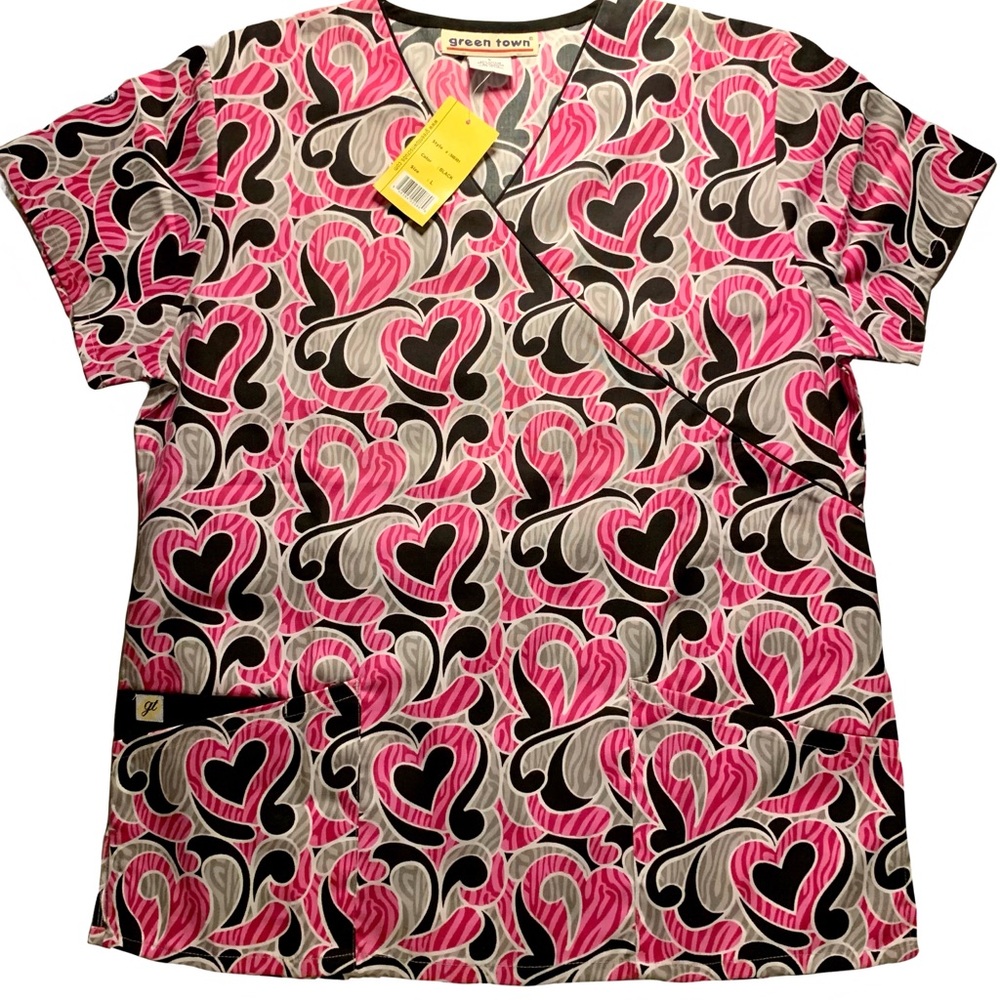 Women's Pink and Black Heart Pattern Scrub Top